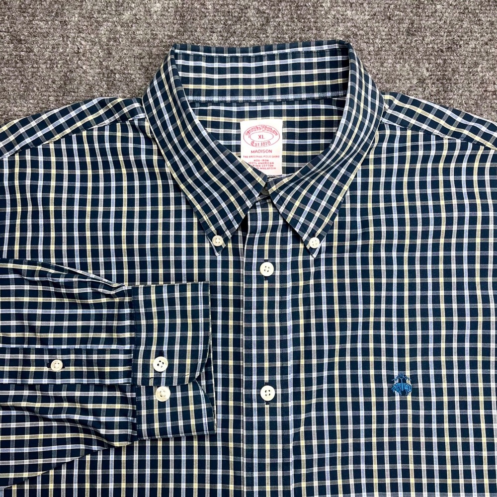 Brooks Brothers 1818 Madison Shirt XL Green Check Non-Iron Supima Cotton Logo